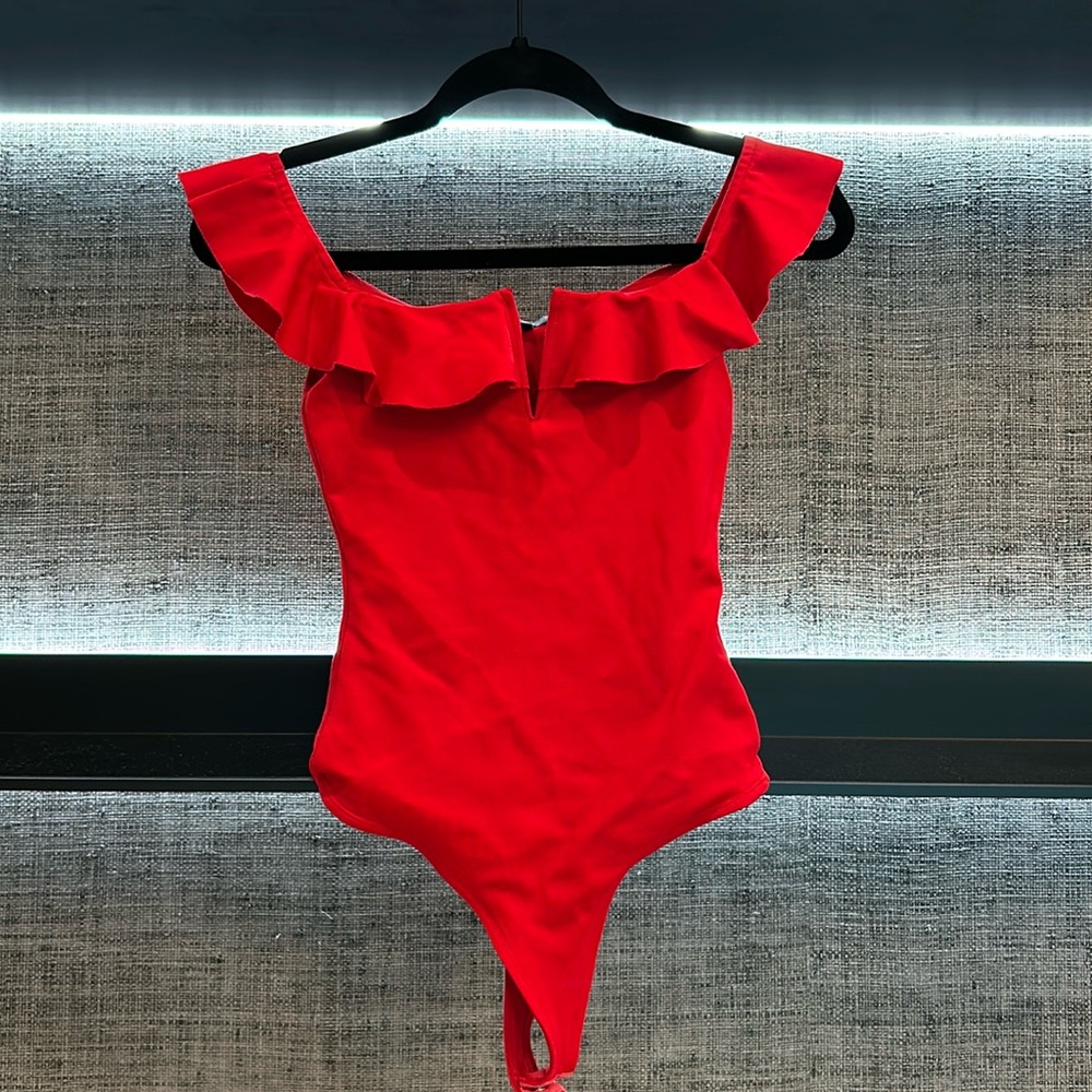 Majorelle Off- Shoulder Red Bodysuit, Size XS